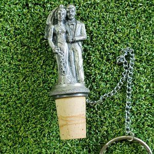 WTU Wine Things Unlimited Wedding Pewter Bride & Groom Wine Stopper Cork & Chain